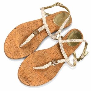 🌟 Ann Taylor Snake Print Flat Sandals 9 Beige Gold Taupe Cork Insole